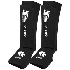 WFX Shin Guards for Kickboxing Leg Instep Protection Pads Muay Thai MMA Training Boxing Sparring Elasticated Padded Leg Foot Protector for Martial Arts karate BJJ Taekwondo Men Women (L, Black)