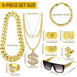 Yolistar Pack of 9 Costume Gold Chain Fancy Dress 80s 90s Outfit Men's Hip Hop Rapper Costume Gold Chain Men's Sunglasses Hanzi Dollar Ring Chain Ring for Carnival Fancy Dress Theme Party