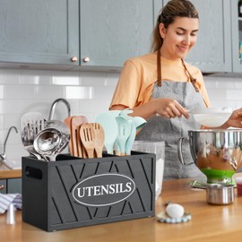 Large Utensil Holder for Kitchen Counter, Wood Utensil Organizer with 3 Compartments, Black Cooking Utensil Caddy with Removable Divider, Utensils Storage Organizer for Farmhouse Kitchen Decor