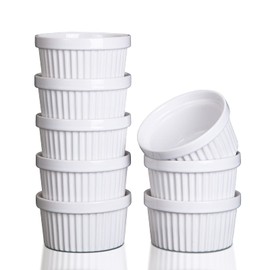 Cibeat 8 oz Ramekins Bowls, Set of 8, Porcelain Dipping Sauce Bowls, Oven Safe, Classic Style Ramekins for Baking Souffle Ramekins, Creme Brulee Porcelain Ramekins - White