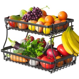 Foensc 2 Tier Fruit Basket with 4 Banana Hangers, Improved Fruit Bowl for Kitchen Counter, Detachable Large Capacity Countertop Organizer Fruit Holder Stand for Vegetable Bread Snack Produce Storage