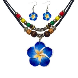 Double Layers Hawaiian Plumeria Flower Necklace and Earrings Set – Tropical Hawaiian Jewelry for Women, Luau Party Fashion Accessories (BLUE-4)