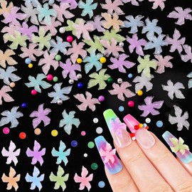 300Pcs Flower Nail Charms Kit, 100Pcs 3D Embossed Hawaii Floral Charms and 100Pcs Nail Pearls with 100Pcs Macaron Beads, Colorful Hibiscus Summer Flowers Mini Gems Round Beads for Nails DIY (Kit 2)