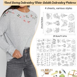 Stick & Stitch Embroidery Designs - Stick & Stitch Embroidery Paper Wash Away, 4 Sheet Water Soluble Stabilizer for Embroidery, Flower Plant Cactus Butterfly Moon, Suprise for Hand Sewing Lover