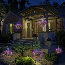 Solar Hanging Artificial Flower Basket: Fake Hanging Plant Basket with RGB Solar Lights Flash and Steady Lighting for Outdoor - 10 Inch Lighted Hanging Basket with Purple Faux Flowers for Porch Garden