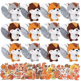 Soulchen 12 Pcs Squirrel Stuffed Animal Plush 4.7 Inch Small Cute Squirrel Plush Stuffed Animal Keychain with 120 Pcs Stickers for DIY Birthday Party Keys Backpack Luggage