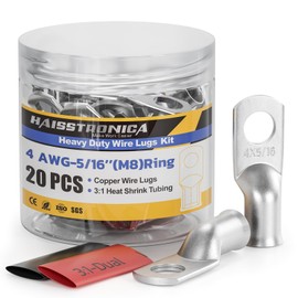 Haisstronica - 10 terminales de batería de cobre estañado de 4 AWG - 5/16 pulgadas (M8), terminales de alambre de cobre resistentes con 10 tubos termoencogibles adhesivos 3:1, 4 terminales de alambre