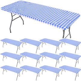 Oudain 12 Pcs Picnic Table Cover Elastic Fitted Flannel Backed Plastic Vinyl Tablecloth Covers with Flannel Backing Waterproof Outdoor Table Cloths Rectangle (Checked Blue White)(Checked Blue White)