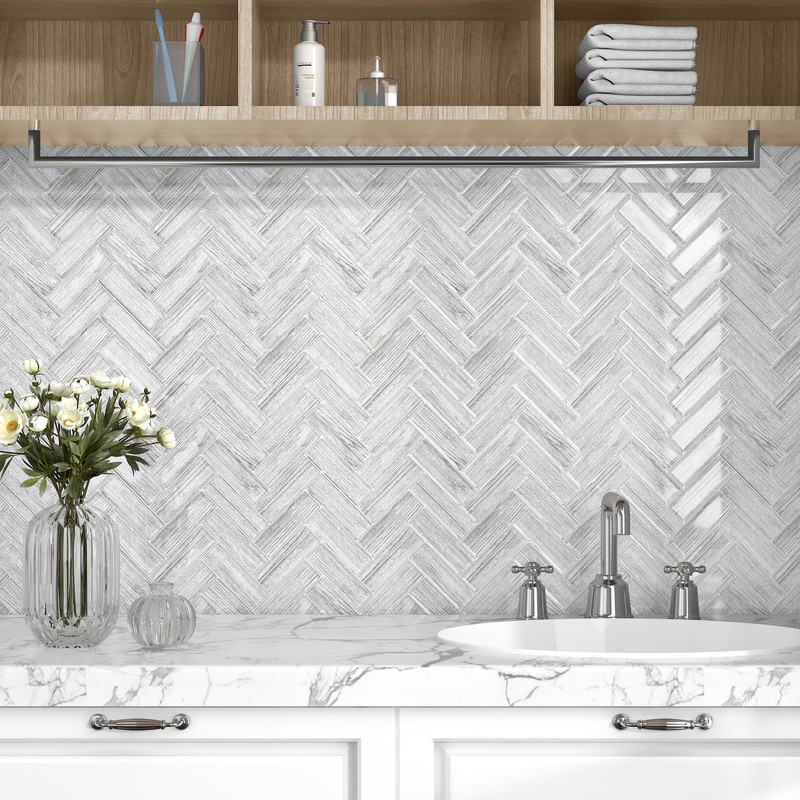 Wallercity Gray Herringbone Marble Peel and Stick Backsplash 10-Sheets Marble