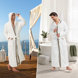 FashGudim Mens Hooded Plush Bathrobe Full Length Fluffy Bathrobe for Big and Strong Men Warm Fleece Bathrobes, White & Black Trim
