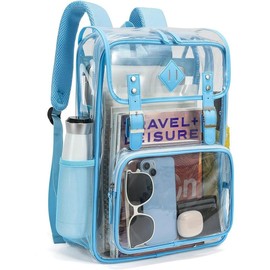 Clear Backpack Large Capacity Heavy Duty Transparent PVC Backpack with Leather Trim for Women College Work Travel - Colour: Blue