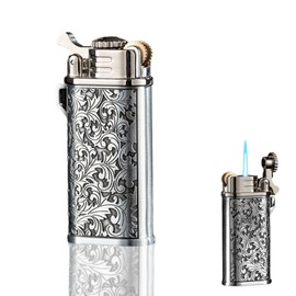 Vintage Metal Grinding Wheel Lighter - Floral Pattern Refillable Butane Torch - Cool Windproof Soft Flame - Men's Gift - Outdoor Kitchen Accessories (No Gas) - Silver