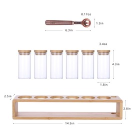 KKC HOME ACCENTS Glass Spice Jars set of 6 with Rack and Spoon,Sealed Glass Spice Containers with Rack for Kitchen Countertop,Counter Spice Rack Organizer and Spice Jars Bamboo Lids, 3.4 Fluid-oz
