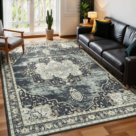 Vibrug Washable Rugs for Living Room Bedroom, 5x7 Area Rugs for Kitchen Office Nursery, Non Slip Low Pile Rug Indoor, Vintage Boho Print Floral Carpet, Retro Black Brown