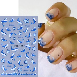 Summer Ocean Nail Art Stickers - Shell Starfish Seaweeds Design 3D Self Adhesive Nail Stickers Acrylic Whale Nail Decals Accessories Nail Art Supplies for Women DIY Decorations 2 Sheets