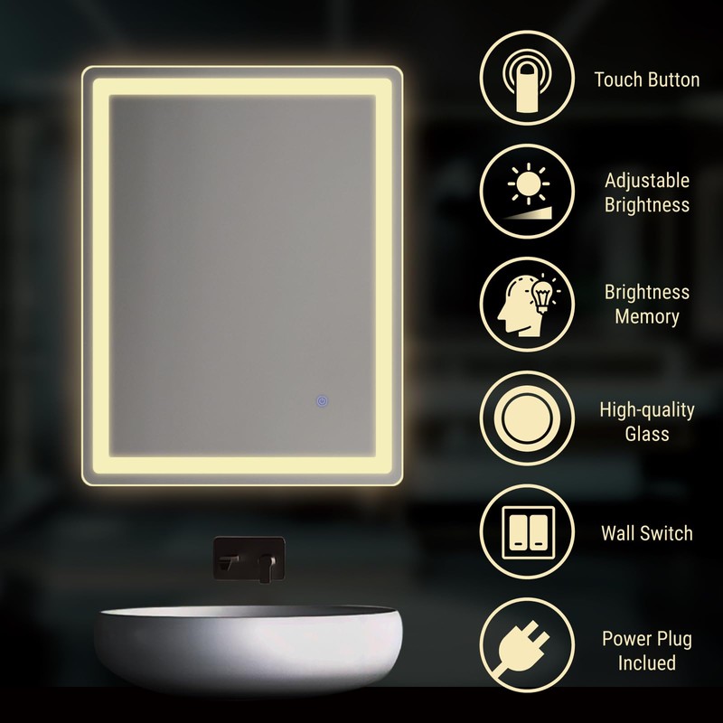 LED Bathroom Mirror Rectangle 24x32 Luxury Warm Light Vanity Premium