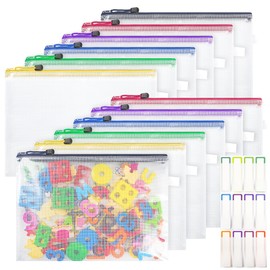12Pcs Plastic Wallets with Labels, A4 Zip Lock Folders, Waterproof Mesh Document Bag for School Office Travel, Clear Zipper Pouch Pocket for Bill Luggage Homework Jigsaw Storage