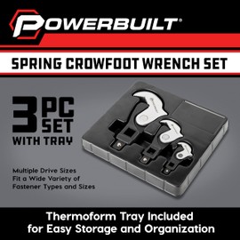 Powerbuilt 3 Piece Spring-Loaded Crowfoot Wrench Set, Adjustable, Auto Size, Universal Wrench, Self-Adjusting, Power Grip, Storage Tray - 642963