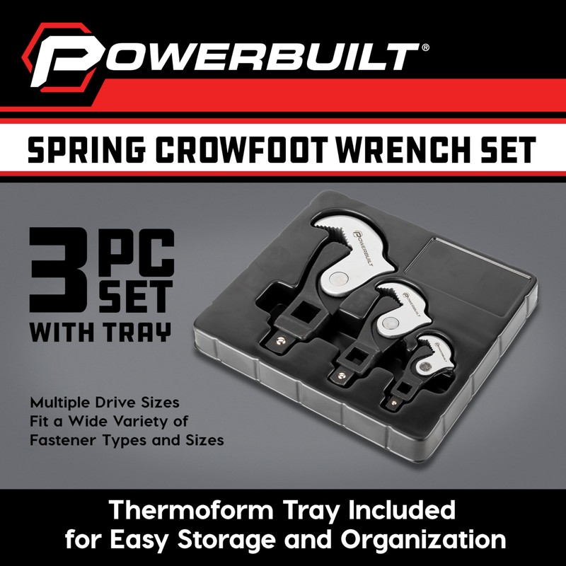 Powerbuilt 3 Piece Spring-Loaded Crowfoot Wrench Set, Adjustable, Auto Size,