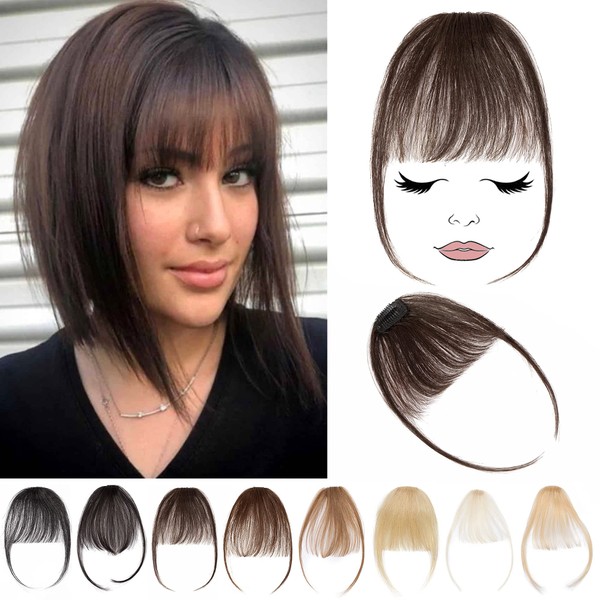 S-noilite Clip in Bangs Human Hair Thin Air Bangs Extension with Temples 1 Clip One Piece Clip on Bangs Hairpieces Soft Remy Hair For Women (Dark Brown)