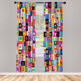 Ambesonne Abstract Window Curtain, Colored Alphabet Letters Pattern Education School Puzzle Children Graphic Print, Lightweight Decorative Panels Set of 2 and Rod Pocket, 56 x 63, Rainbow Colors