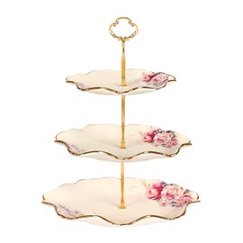 fanquare 3-Tier Floral Royal Cupcake Stand, Vintage Fruit Plate with Gold Trim, Dessert Stand for Birthday, Wedding, Tea Party
