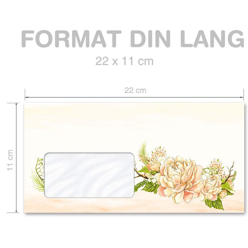 Briefumschläge Blumen & Blüten, PFINGSTROSEN 10 Briefumschläge (mit Fenster) DIN