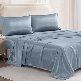 Casa Platino Satin Bed Sheets Set Queen Size Set - 4 Pieces - Soft & Gentle Like Silk - 1 Fitted Sheet, 1 Flat Sheet & 2 Queen Pillowcases - Remains Soft After Multiple Washes - French Blue Sheets