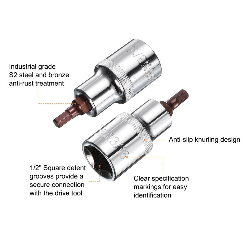 sourcing map 3pcs 3/16" Hex Bit Socket 1/2" Square Drive