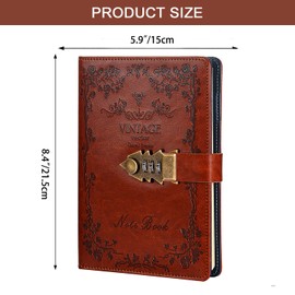 NectaRoy Lockable Diary Lock Journal, PU Leather Cover Writing Notebook Planner, Wire Binding Lined Daily Travel Journal with Lock, Password Notepad with Pen Holder, 215x150mm