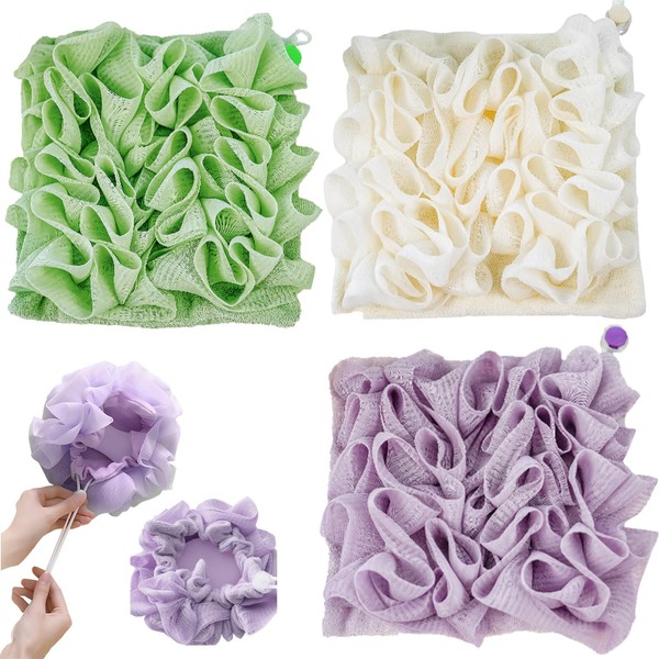 3 Pcs Washable Loofah, 2 in 1 Loofah Washcloth for