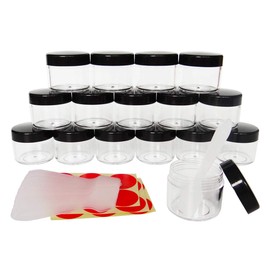Wopanxye 16pack 20ml Empty Sample Jars, Refillable Cosmetic Container, 20g Small Travel Size Round Pot Black Screw Cap Lid for Makeup Eyeshadow Cream Bath Lotions Lip Gloss Balms, FREE Spatula +Label