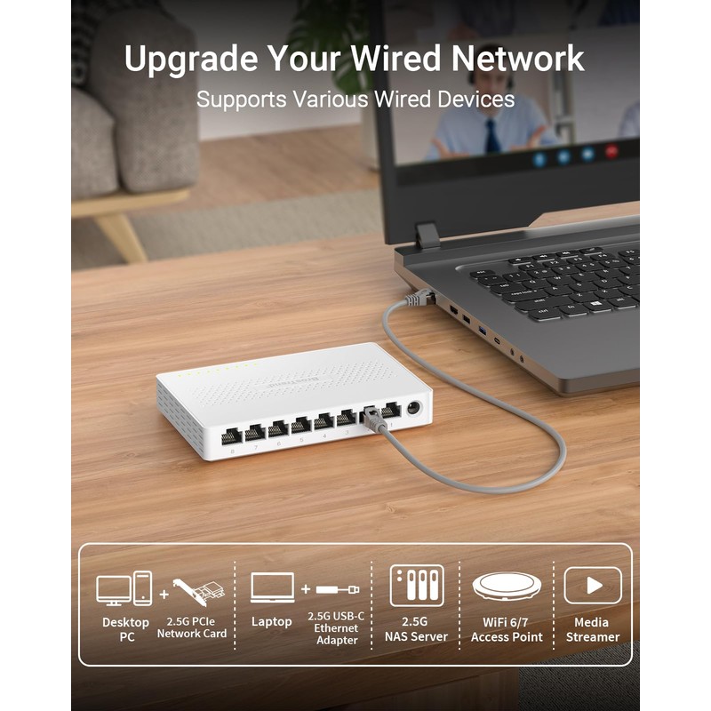 BrosTrend 8-Port 2.5G Network Switch, Multi-Gigabit Unmanaged Ethernet Switch, Plug