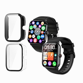 【2 pcs】MIHENCE All-in-One Case Compatible with ‎HOIBAI/Segick/Vialove KW105-G01 / Rbbog TK19 / KAKA TK19 Smartwatch, PC Material and Tempered Glass Film All-in-One Case Full Protection (Black