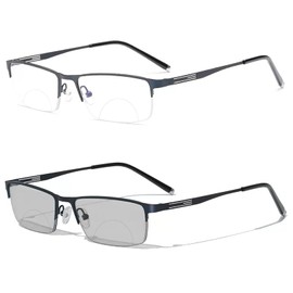 laureles Bifocal Reading Glasses Men Business Sun Photochromic Lens Metal Half Frame Fashion Transition Readers (Blue, 0.00/+2.50 Magnification)