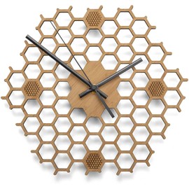 Wall Clock in Open Honeycomb Shape - Creative and Modern Design Made of Bamboo/Wood - Quiet without Ticking - Hexagonal with Open Edge