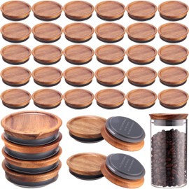 Mifoci 48 Pcs Regular Mouth Mason Jar Lids Acacia Wooden Storage Canning Jar Lids Wood Mason Covers with Airtight Silicone Seal, Brown, 2.87 x 2.87 x 0.79 Inch