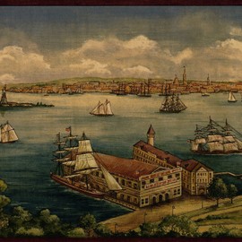 CONCORD WALLCOVERINGS ™ Wallpaper Border Vintage Pattern Architecture Ships Sea Garden for Living Room Cottage Dining Area, Green Blue Red Beige White, 10 Inches by 15 Feet 5506871