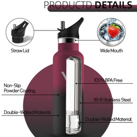 Grsta Stainless Steel Drinking Bottle, 500 ml, Leak-Proof, BPA-Free Drinking Bottle, Children, Drinking Bottle with Straw, Thermos Flask, Carbonated Drinks, Suitable for Fitness, Bike, Camping,