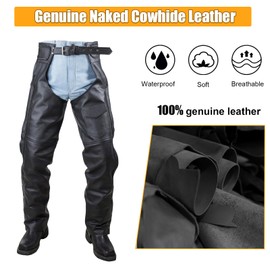 GARGOYLE BELLS Naked Cowhide Leather Chaps for Men Motorcycle Chaps for Biker Riding Cowboy Bottomless Pants W/Mesh & Zipout Lining (Black with Braided, 2XL)