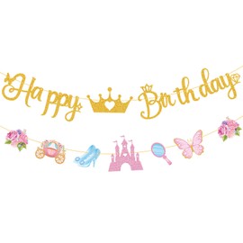 GZDUCK Princess Happy Birthday Banner for Girls- Gold Princess Birthday Party Decorations, Pink Happy Birthday Banner with Castle, Crown for Girl 1st 2nd 3rd Birthday Baby Shower Decorations