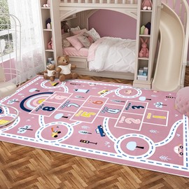 Abeigoi Pink Hopscotch Car Rug 10Ft Extra Large Kids Play Mat Rainbow Classroom Rug for Kids Girls Bedroom Carpet Educational Learning Area Rug Children Rug Preschool Car Road Rug, 6.6x9.8Ft, Pink