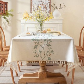 Lifetooler Table Cloths Rectangle Cotton Linen Tassel Tablecloth Waterproof Wrinkle Free Table Cover for Kitchen Dinning Tabletop Decoration(White,55 x 71 Inch)