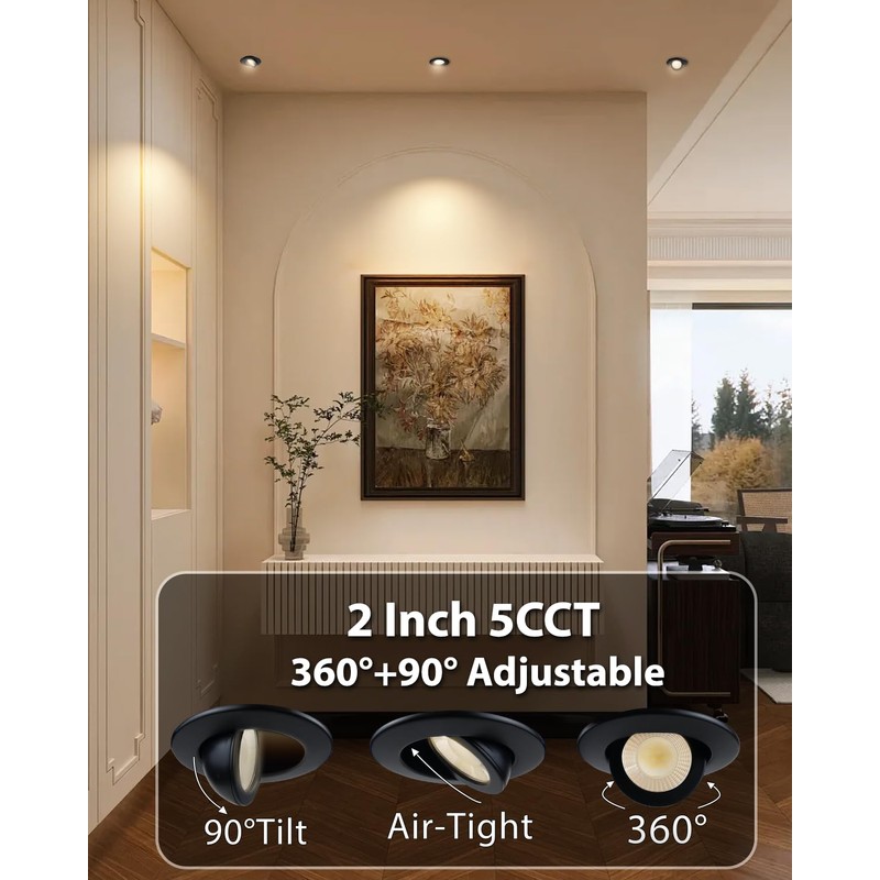 Adetu 2 Inch 5CCT Gimbal Black Led Recessed Lighting with