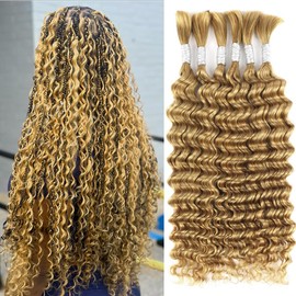 Blonde Human Braiding Hair for Boho Braids 24 Inch 6 Bundles Human Hair Braiding Hair Deep Wave Bulk Human Hair for Braiding No Weft Curly Human Hair Brading Hair Extensions 150g 27#