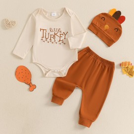Socutebabe My First Thanksgiving Baby Boy Outfit Infant Little Turkey Hat Bodysuit Pants Newborn 1st Thanksgiving Outfits (Little Turkey Khaki Brown, Newborn)
