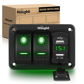 Nilight 2 Gang Rocker Switch Panel Green Backlit with 4.8 Amp Dual USB Charger Voltmeter Waterproof 12V 24V DC Rocker Switch with Night Glow Stickers for Car Trucks Boats RVs,2 Years Warranty