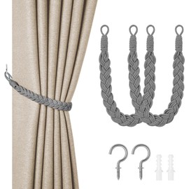 HOTUT Curtain Tiebacks, Pack of 2 Curtain Rope Buckle, Hand Knitted Curtain Tiebacks, Curtain Tiebacks for Home, Office, Living Room, Bedroom, Grey