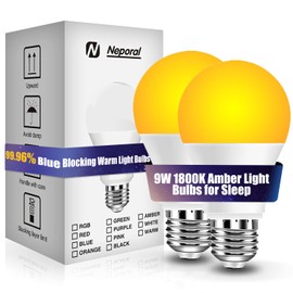 Neporal 1800K Amber Sleep Light Bulbs 2PK, 99.96% Blue Blocking Soft Warm Light Bulbs,9W 60 Watt Equivalent, A19 Amber Night Light E26 for Bedroom and Baby Nursery Light