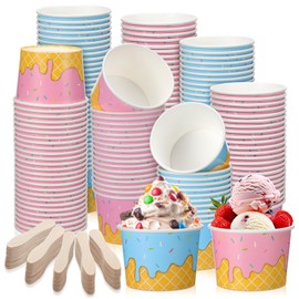 Potchen 100 Pack Ice Cream Bowls Disposable 11 oz Paper Dessert Cups with Wooden Spoons Sundae Soup Containers for Summer Ice Cream Party Supplies Favors